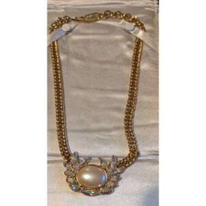 Vintage YSL Yves St. Laurent Faux Pearl Gold tone Necklace with AB crystals